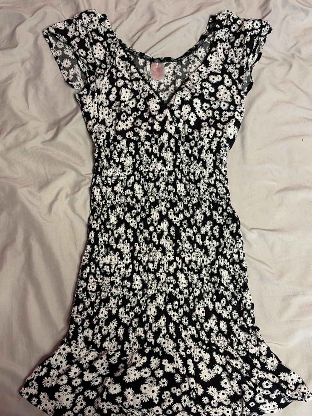 No Boundaries Black and White Daisy Smocked Mini Dress